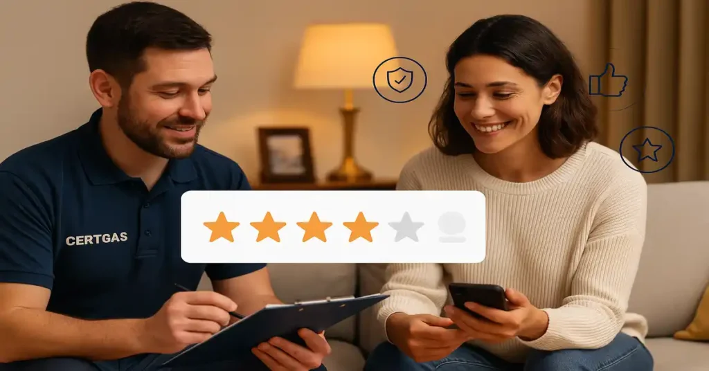 tecnico certgas explicandole el servicio realizado al cliente